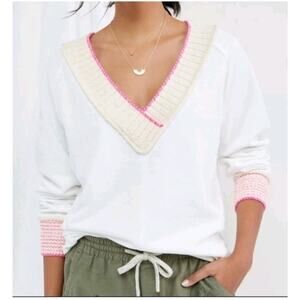 Anthropologie Daily Practice White Pink Strip V Neck Cotton Blend Sweater XS